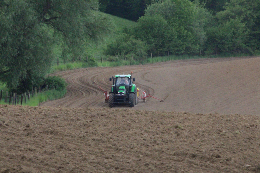 Traktor auf Feld bei Maisaussaat